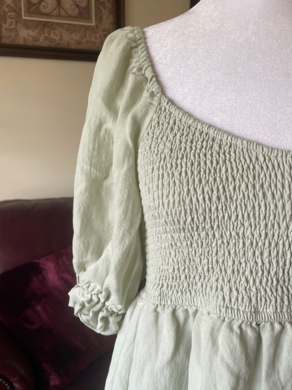 Mittoshop Light Sage Green Smocked Puff Sleeve Mini Dress Cottagecore Small - Picture 3 of 7